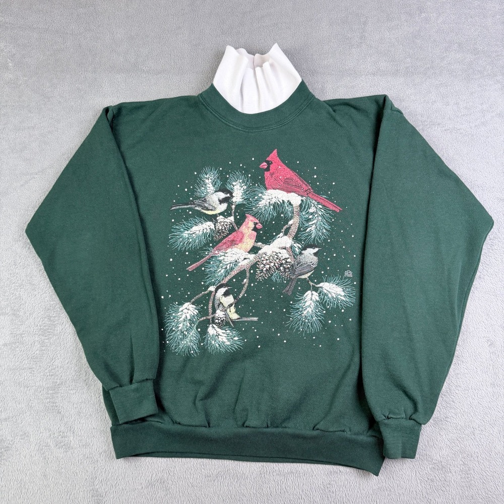Vintage 1992 Cotton Grove Designs Bird Sweatshirt Green Mock Neck Medium USA